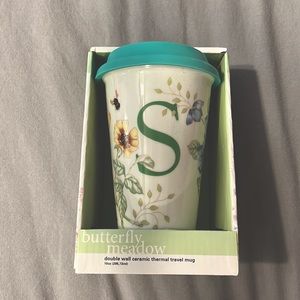 Lenox Butterfly Meadow Double Wall Ceramic Thermal Travel Mug Silicone Lid